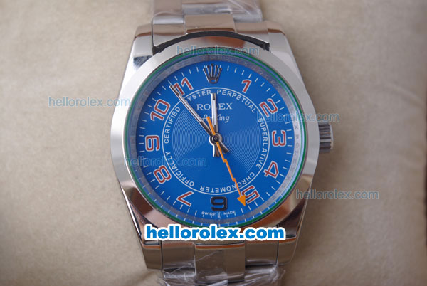 Rolex Air-King Oyster Perpetual Automatic with Full Ocean Blue Dial and Red Number Marking-Green Bezel-2007 Model - Click Image to Close